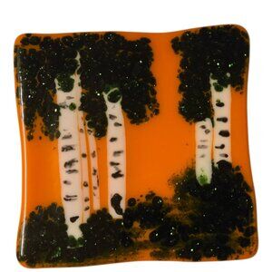Birch Tree Fused Glass Art Orange Glitter Green Wood Nature Artsy OOAK Vintage